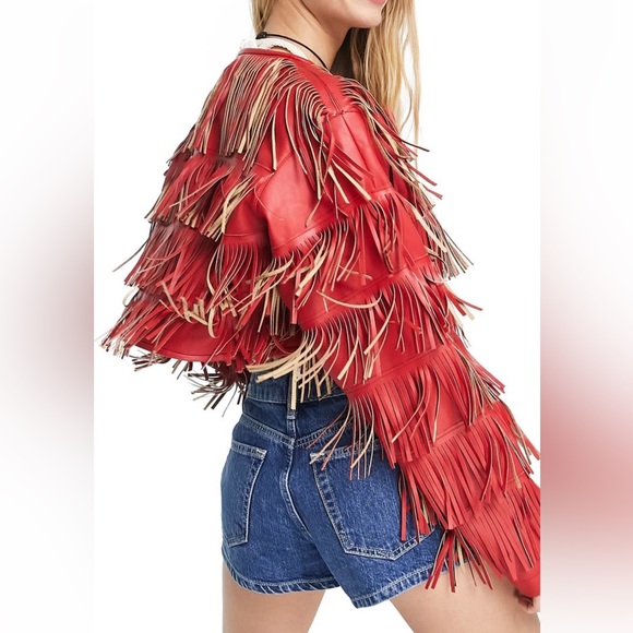 ASOS DESIGN Fringe Faux Leather Jacket Red - Picture 2 of 4